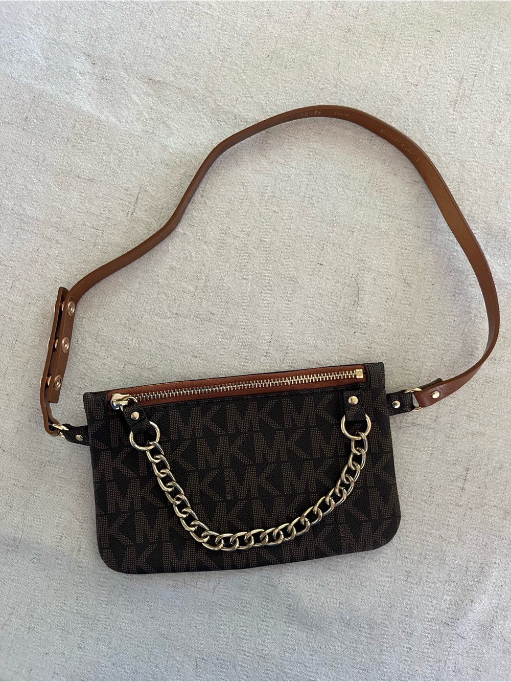 MICHAEL KORS Signature Monogram Belt Bag with Gold Chain Detail